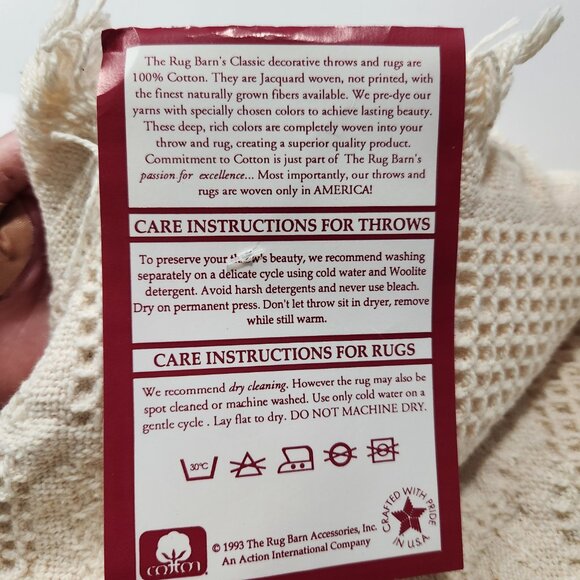 NWT The Rug Barn "Colonial Hearts" Fringed Natural 100% Cotton Throw 46"x67" USA - Picture 6 of 6